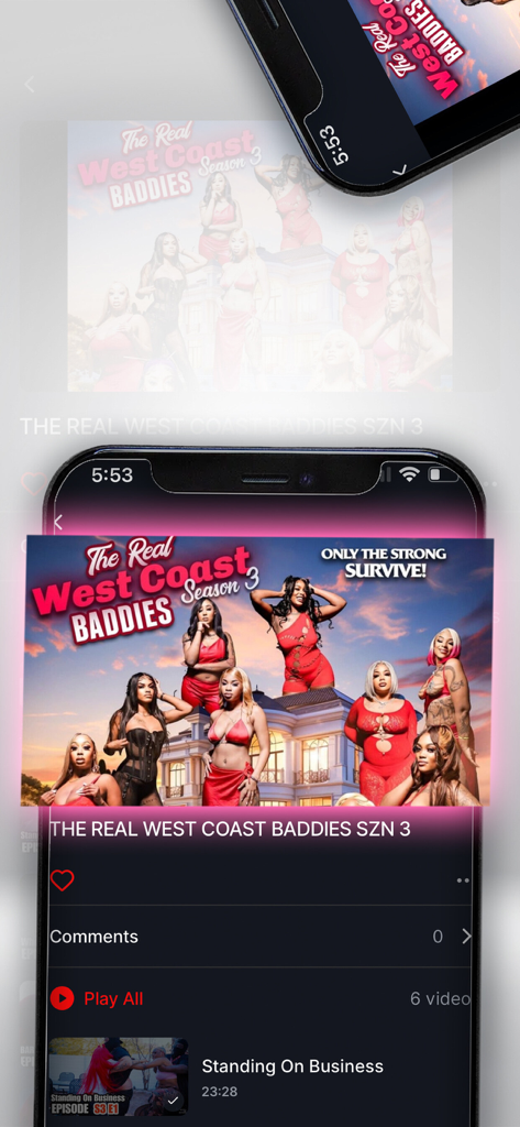 The Nyx Network - Mobile app interface for The Nyx Network showing a reality show titled The Real West Coast Baddies Season 3