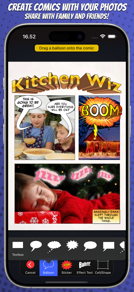 Interface of the Strip Designer app showing a comic book layout with photos speech bubbles and editing tools