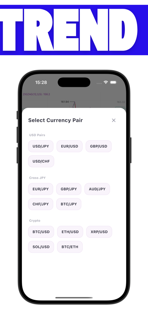 Selection screen for forex and cryptocurrency pairs in the Forex Trading Trend Analyzer app.