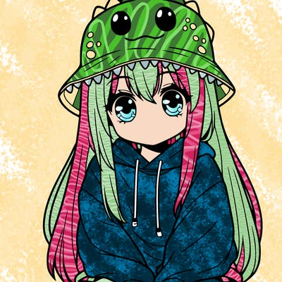 girl with anime shaped eyes with a dinosaur bucket hat oversized sweatshirt long straight hair