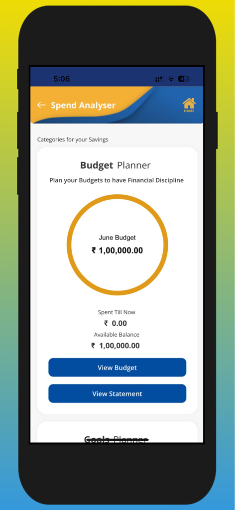 IndSMART IndianBank Mobile App - La schermata Spend Analyser dell'app IndSMART con un pianificatore di budget mensile per la gestione finanziaria.