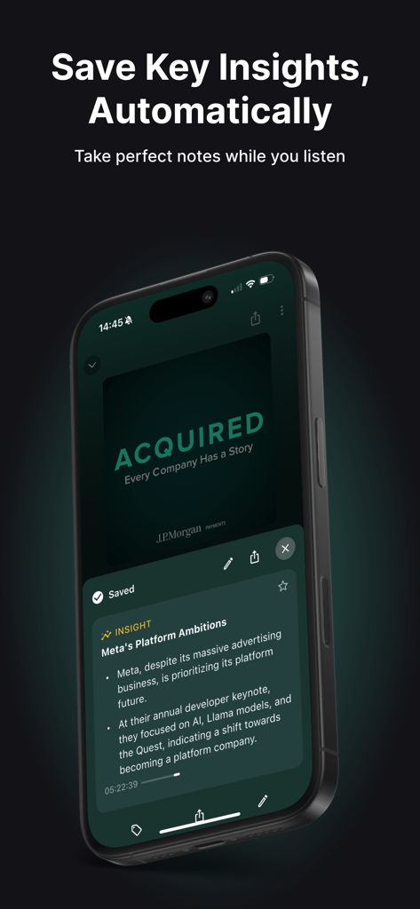 Snipd | AI Podcast Player - Snipd podcast player displaying automated notes and key insights on a smartphone screen