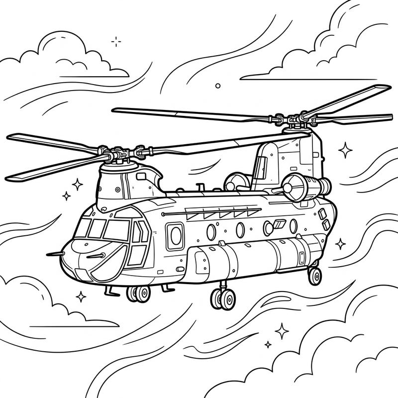 Experience the thrill of aviation with this detailed coloring page featuring a powerful tandem rotor helicopter. Its unique design and soaring presence offer an exciting canvas for your creative coloring journey.