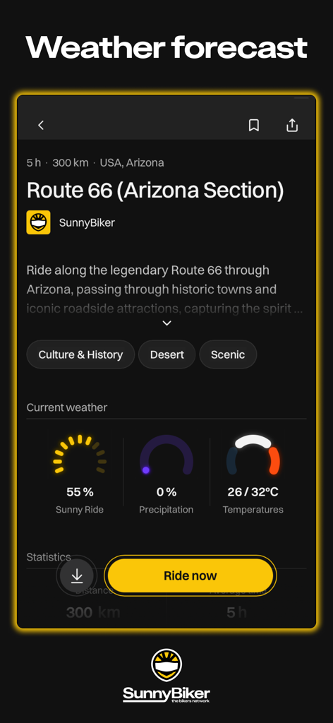 SunnyBiker - GPS + weather - SunnyBiker app interface showing weather forecast and trip statistics for Route 66 in Arizona.