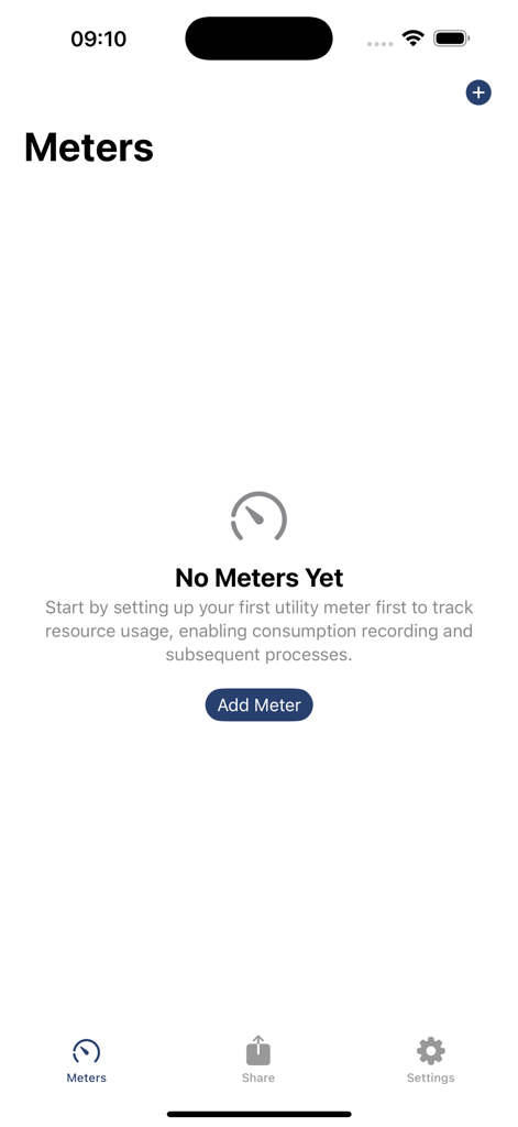 MeterPix - MeterPix app screen displaying an empty state with a prompt to add the first utility meter.