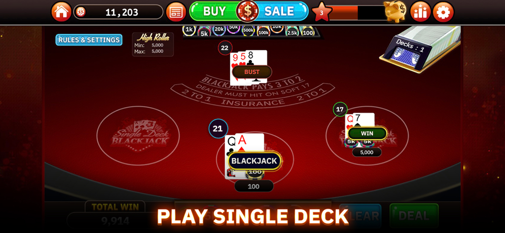 Gameplay of Blazing Bets Blackjack showing a player winning two hands including a blackjack against a dealer bust in single deck mode.