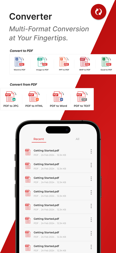 Convert to PDF : PDF Scanner - Word를 PDF로, PDF를 Word로 변환하는 옵션과 최근 문서 목록을 보여주는 모바일 앱 인터페이스