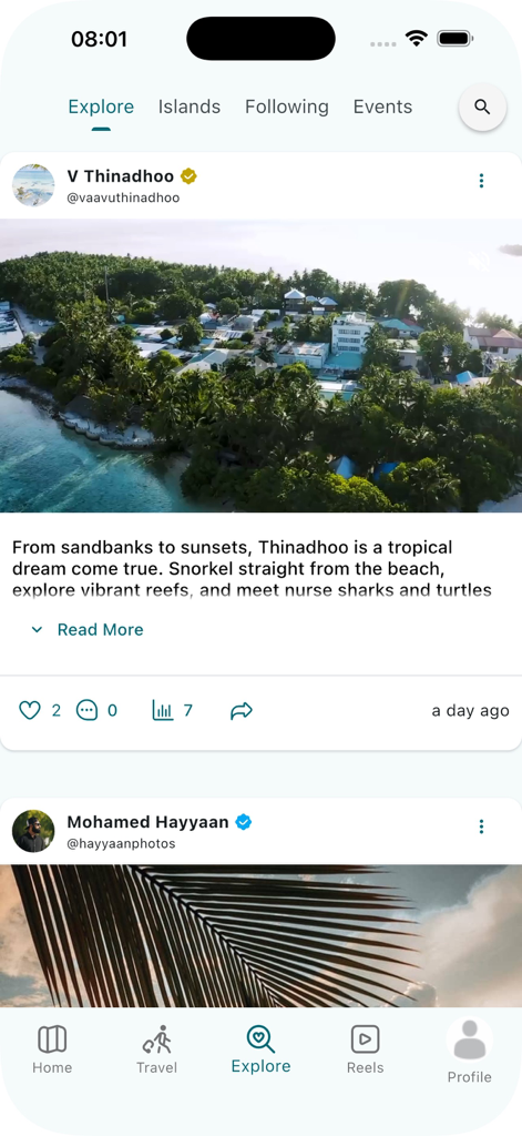 Islands App - Mobile app interface of Islands App showing an explore feed with user posts of tropical Maldivian islands