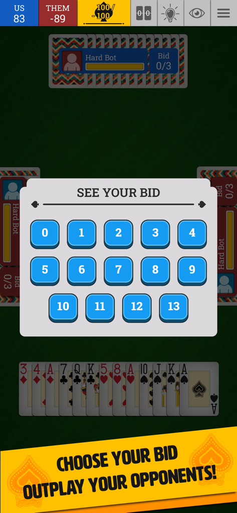 Interfaz del juego móvil Spades Trickster mostrando una ventana emergente para elegir una puja de 0 a 13.