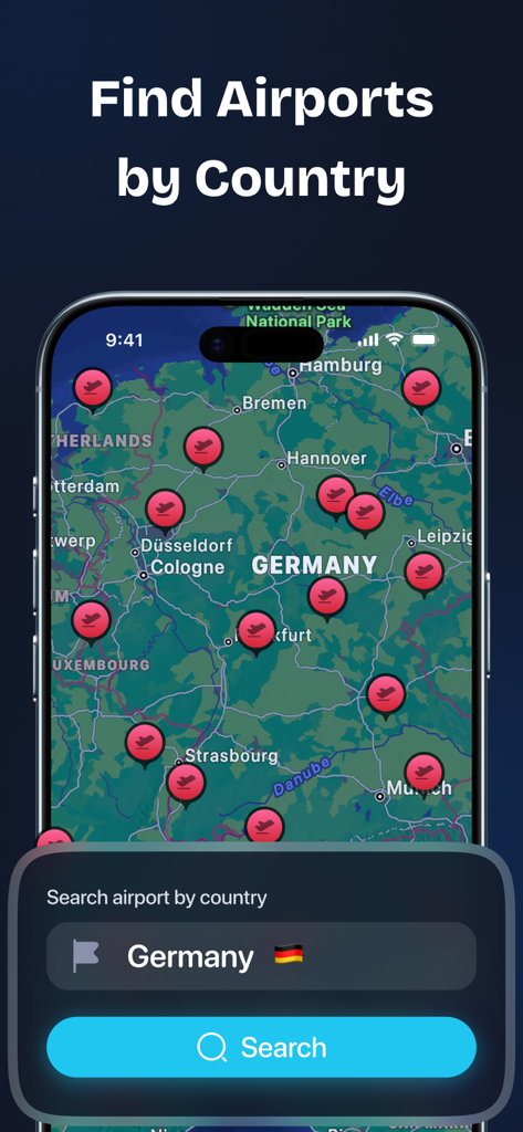 Interfaz de aplicación móvil mostrando un mapa de Alemania con múltiples ubicaciones de aeropuertos marcadas con iconos rojos y una barra de búsqueda de países.
