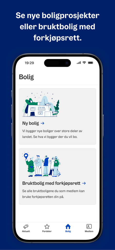 Interfaz de la app OBOS que muestra la sección de vivienda para propiedades nuevas y usadas