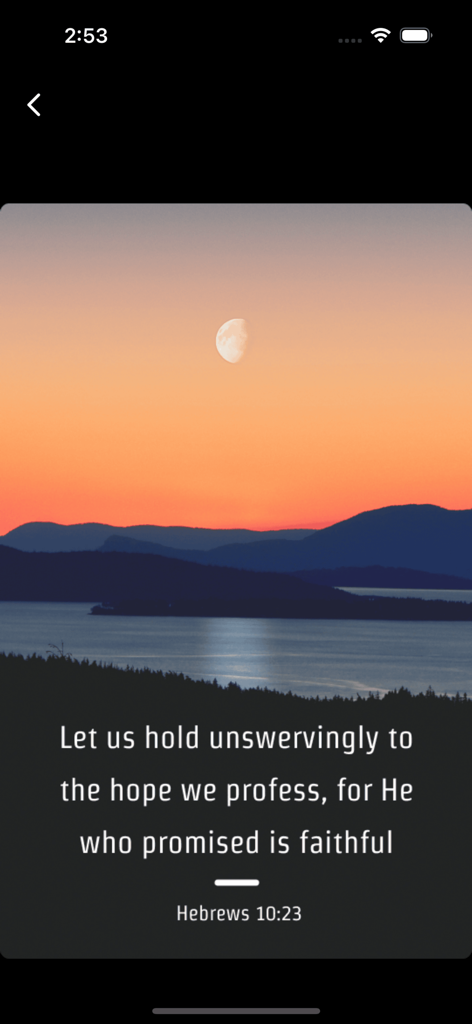 Schermata di ispirazione quotidiana dall'app Vision of the Bible con Ebrei 10:23 su un paesaggio al tramonto con montagne e luna.