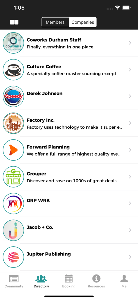 Coworks app screen showing a directory of members and companies in a coworking space