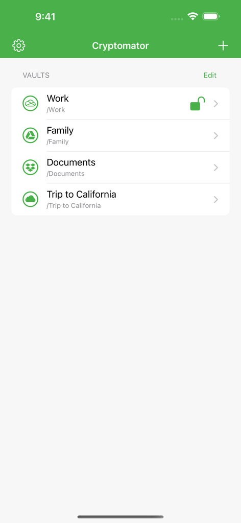 Cryptomator - Cryptomator app interface showing a list of encrypted cloud storage vaults including Work Family and Documents