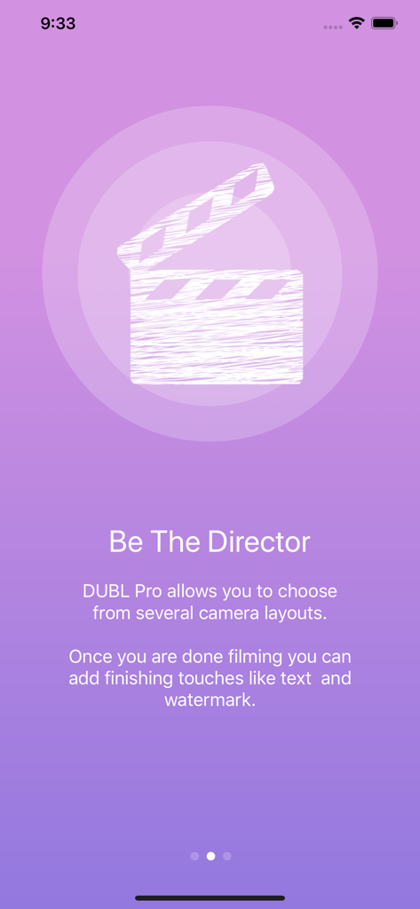 DUBL Pro - Introductory screen for the DUBL Pro app highlighting camera layouts and video branding features