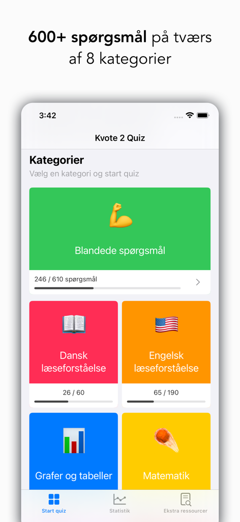 Kvote 2 Quiz - Capture d'écran de l'application Kvote 2 Quiz montrant diverses catégories d'étude, notamment la compréhension de lecture danoise, l'anglais, les graphiques et les mathématiques.