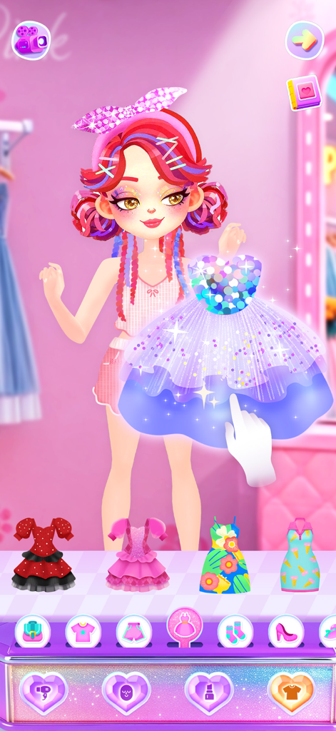 Aha Makeover-Beauty Salon Game - A girl avatar with red hair being dressed in a sparkling sequined dress in a beauty salon game interface
