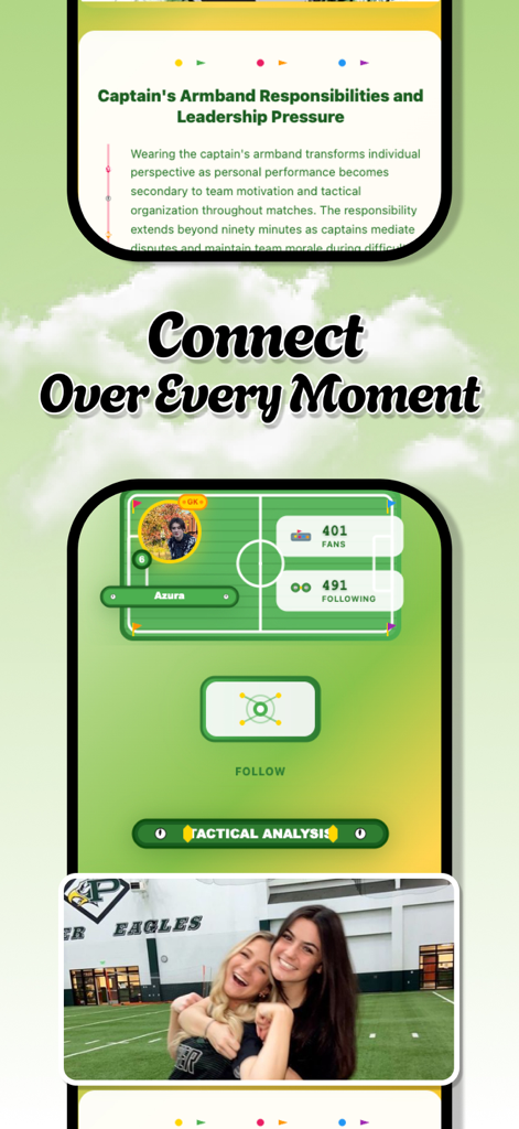 Reco - Rally - Uma tela do aplicativo Reco Rally mostrando conselhos de liderança de futebol e um perfil social do usuário.