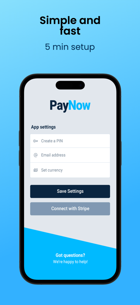 PayNow for Stripe - PayNow for Stripe app settings interface on iPhone featuring a 5 minute setup and Connect with Stripe button.