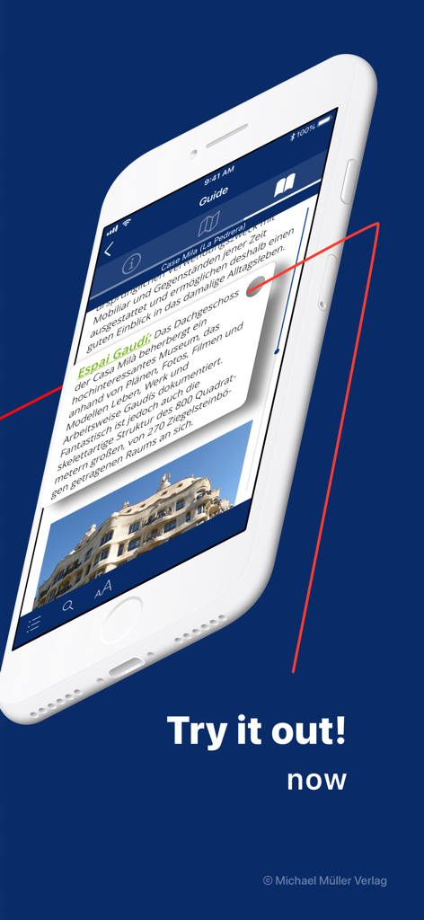 Aplicación mmTravel mostrando una guía de viaje detallada para la Casa Milà de Gaudí en Barcelona.