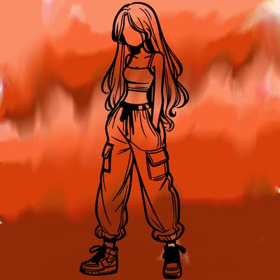 girl in baggy pants crop top and long hair