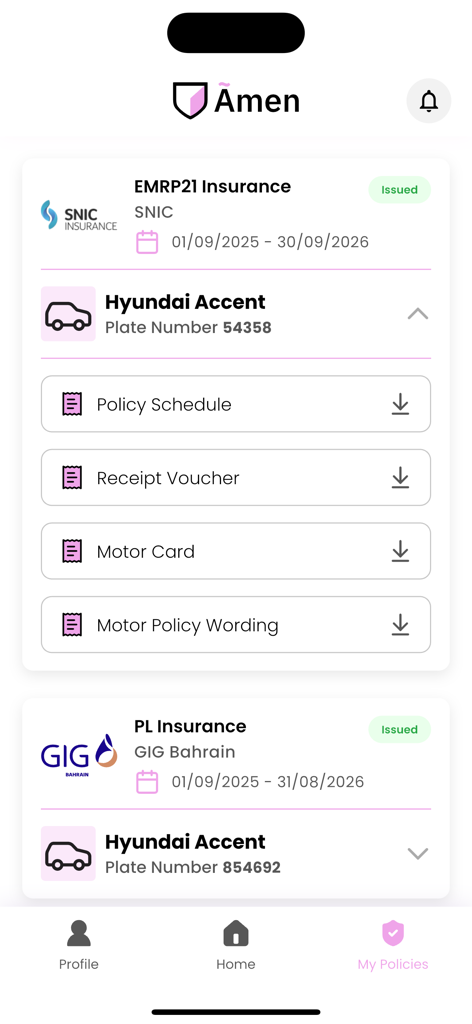 Amen Insurance - Amen Insurance app interface showing a list of active car insurance policies with options to download policy documents