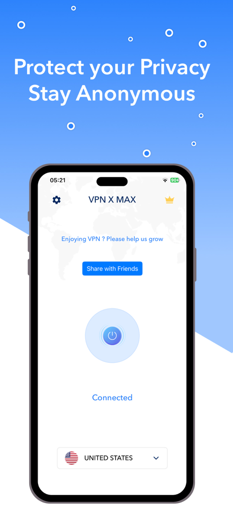 PIA VPN MAX X proxy VPN - Interface do iPhone mostrando a PIA VPN MAX X conectada a um servidor dos Estados Unidos para navegação privada e anônima.