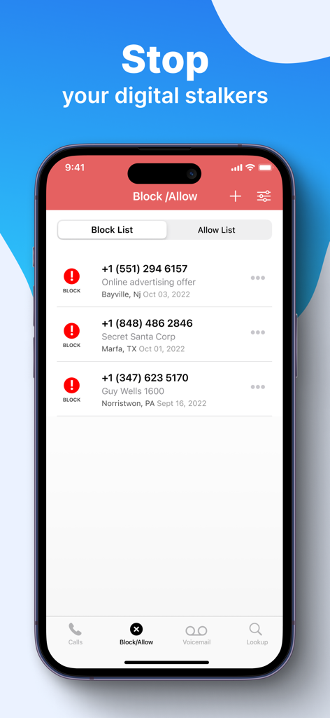 TrapCall app interface showing the block list feature to stop digital stalkers