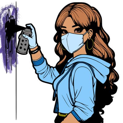realistic girl with mask spray painting a wall