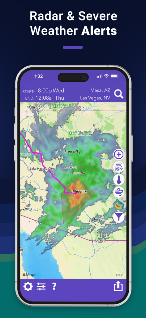 A mobile app screen showing live weather radar and severe weather alerts on a driving route map between Mesa and Las Vegas.