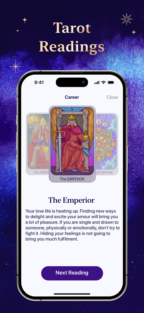 Futurio app interface showing a tarot card reading for The Emperor with personalized interpretation text