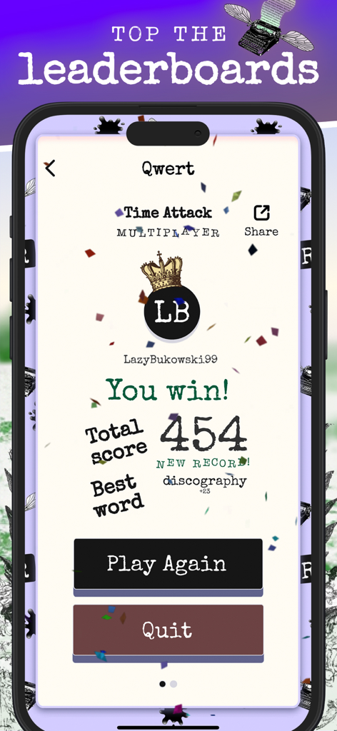 Qwert - The Typing Word Game - A victory screen from the Qwert typing game showing a high score and the winning word discography