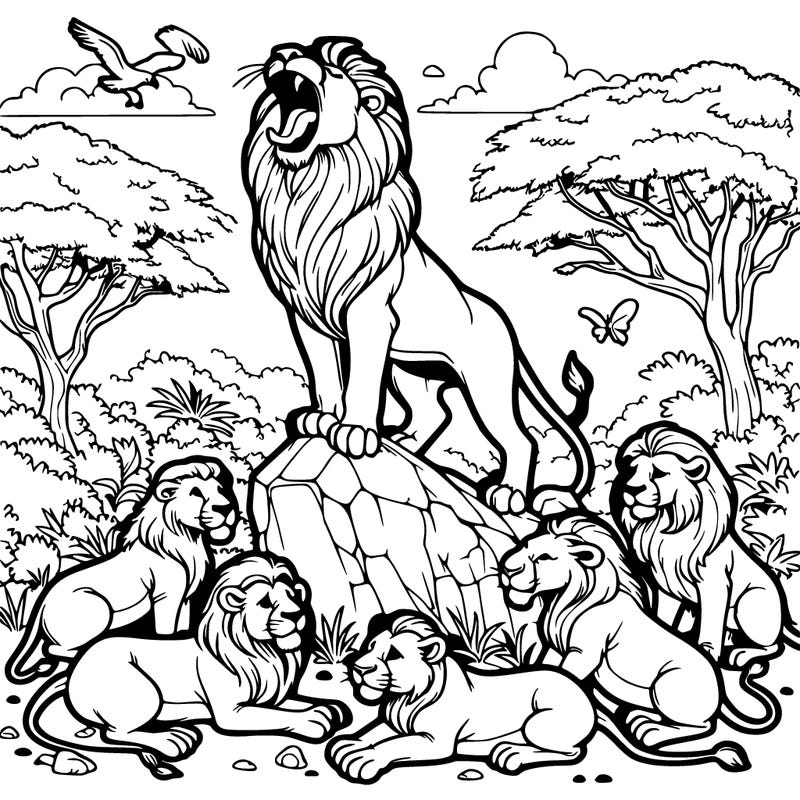 pride of lions roaring on a rock with other animals surrounding the rock