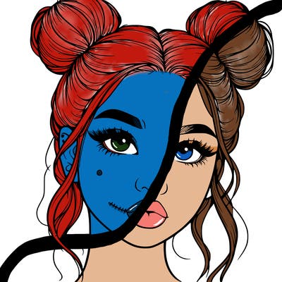 realistic girl with two buns on her hair and lips