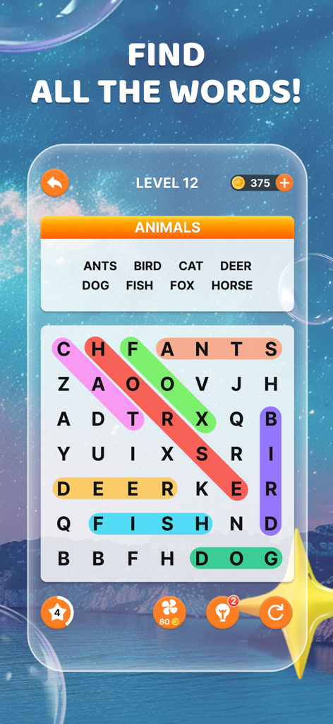 Word Search!-Word Puzzle Game - Word search puzzle game interface showing an animal theme level with words highlighted in various colors