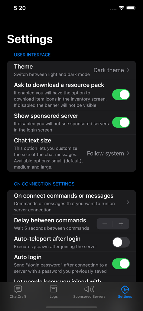 Settings menu of the ChatCraft Pro for Minecraft app displaying user interface and connection configuration options