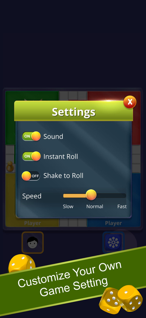 Ludo game settings screen showing options for sound, instant roll, shake to roll, and game speed adjustment.