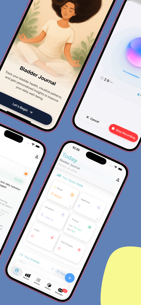 Oberfläche der Blasentagebuch- und Journal-App, die den Begrüßungsbildschirm, das Gesundheits-Dashboard und die Audioaufnahmefunktion zeigt