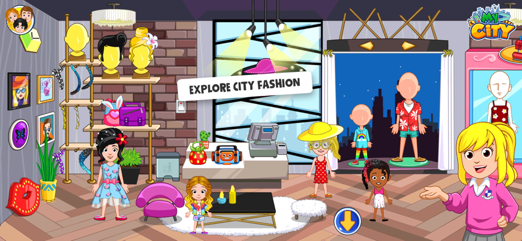 Characters dressing up and exploring a clothing store in My City Home Sweet Playhouse