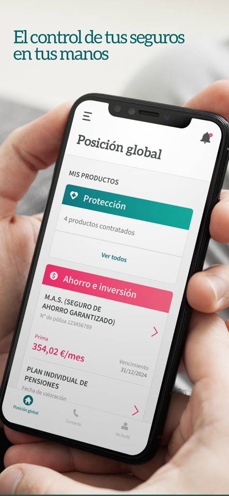Smartphone mostrando la pantalla de posición global de la aplicación de seguros Grupo PSN.
