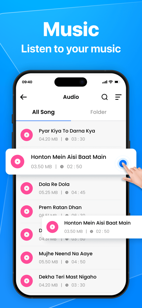 File Manager - File Organizer - Uno schermo mobile che mostra la funzione lettore musicale dell'app File Manager con un elenco di file audio.