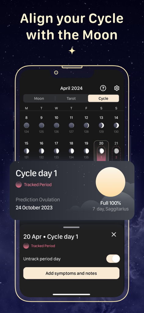Eine mobile App-Oberfläche mit dem Titel 'Align your Cycle with the Moon', die einen Kalender anzeigt, der Mondphasen mit der Menstruationszyklusverfolgung integriert.