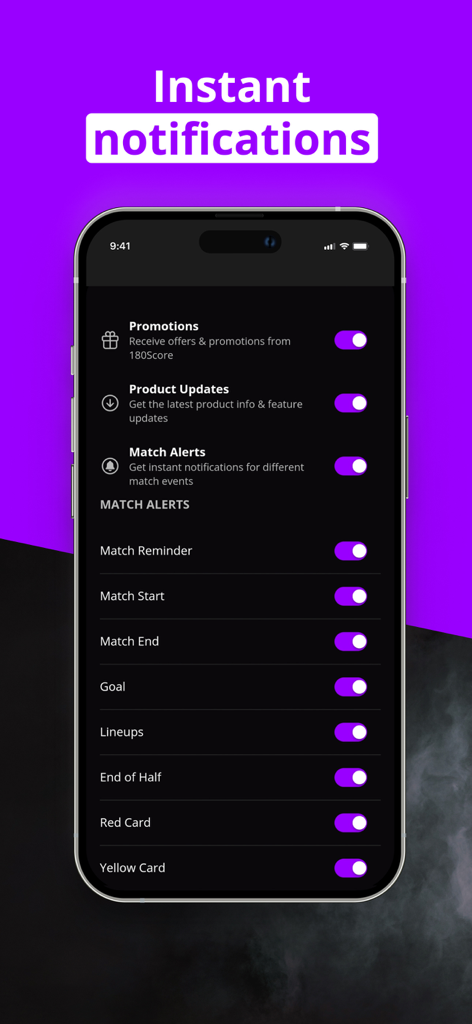 Settings screen for instant soccer match notifications in the 180Score app