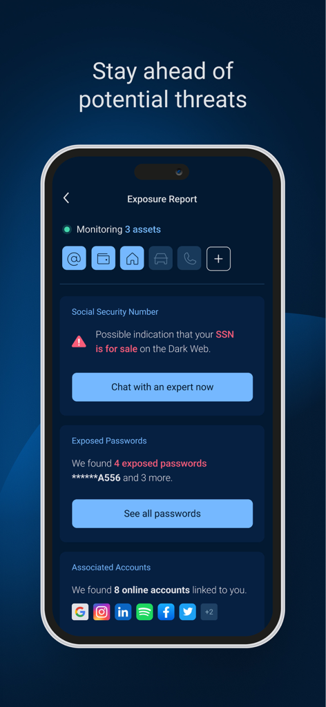 Cyrus Identity by Malwarebytes - Exposure report in Cyrus Identity app showing dark web alerts for social security number and exposed passwords