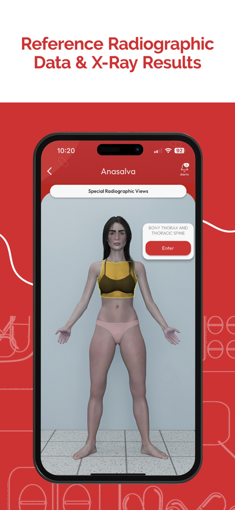 ANASALVA - Interfaz de la aplicación ANASALVA que muestra un modelo anatómico 3D para referencia de datos radiográficos y de rayos X