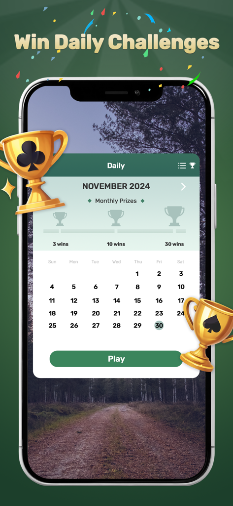 Solitaire Dream Manor：Renovate - Mobile app screen showing daily challenges and monthly prizes in Solitaire Dream Manor