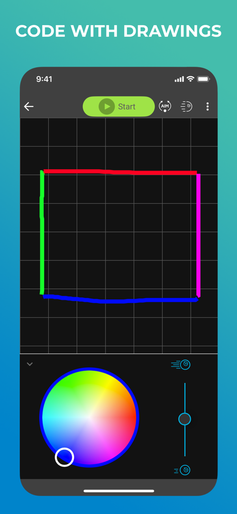 Interface of the Sphero Edu app showing the draw mode where users can create code by drawing shapes on a grid