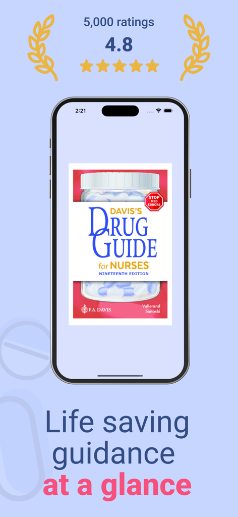 Davis Drug Guide For Nurses - Smartphone displaying the Davis Drug Guide for Nurses Nineteenth Edition app with a 4.8 star rating and the caption Life saving guidance at a glance.