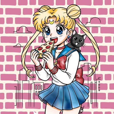 a girl wearing sailor moon style hair eating pizza