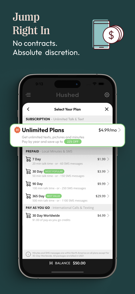 Hushed app screen showing different subscription and prepaid plans for a second phone number.